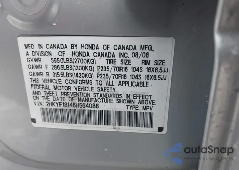 2006 Honda Pilot Lx from USA, damaged, VIN 2HKYF18146H564086